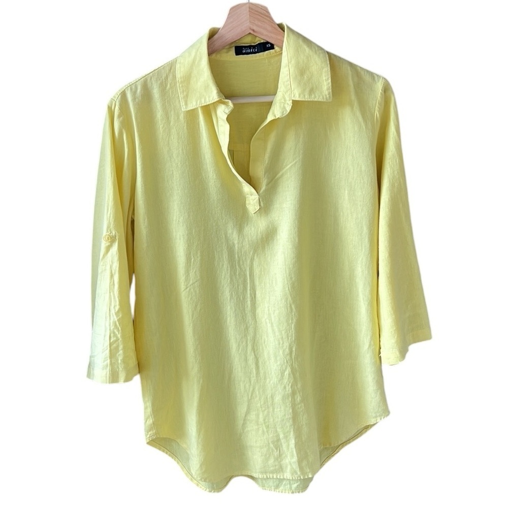 Pure Amici XS 100% Linen Pale Yellow Polo 3/4 Sleeve Blouse Top